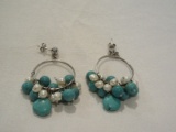 Pair - 925 Diana Venezia Turquoise & Pearl Dangle Cluster Hoop Pierced Earrings