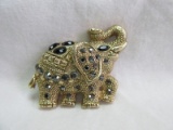Gold Tone Elephant Brooch Marcasite & Onyx Accents