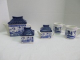 Rare 8-Piece Blue Willow Pattern Ceramic Japanese Pagoda Design Teapot