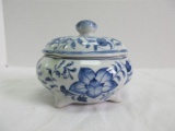 Andrea Porcelain Blue/White Floral & Meandering Vine Pattern Covered Footed Trinket Dish