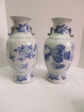 Pair - Semi-Porcelain Blue/White Oriental Design Double Handled Vases