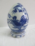 Blue/White Rooster & Landscape Scene Blue/White Oriental Design Porcelain Egg on Base