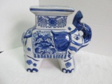 Art Mart Chinese Porcelain Blue/White Design Elephant w/ Raised Trunk Plant Stand