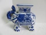 Art Mart Chinese Porcelain Blue/White Design Elephant w/ Raised Trunk Plant Stand