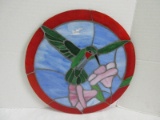 Stain Glass Mosaic Hummingbird & Pink Flowers Design on Glass Disc 12
