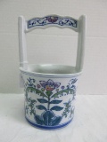 Semi-Porcelain Center Handle Basket Planter Hand Painted Floral & Foliage Pattern