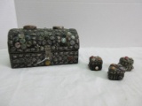 Small Artisan Jeweled Casket Adorned w/ Agate Polished Stones & Relief Design