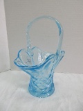 Pressed Glass Azure Blue Diamond Pattern Basket w/ Applied Handled