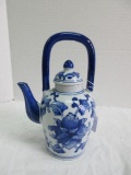 Porcelain Blue/White Oriental Foliage Design Teapot w/ Lid & Center Arched Handle