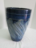 Large Pottery Two Tone Blue Glazed Planter w/ Relief Design