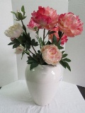 Transitional Modern White Glazed Cupped Vase w/ Silk Peonies