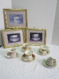 Lot - 5 China Teacups/Saucers & 3 Framed/Matted Tea Cup Prints