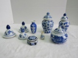 Lot - Blue/White Porcelain Small Ginger Jars, Trinket Dish, Miniature Bud Vases, Etc.