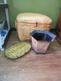 Lot - Basket w/ Hinged Lid, Tin Bamboo Design Tray, Tin Waste Can Monkeys/Landscape Design