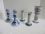 Lot - Porcelain Blue/White Oriental/Holland Wind Mill Design Candle Sticks