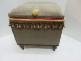 Decorative Storage Chest w/ Hinged Lid Insect Upholstered Pattern & Fringe Trim
