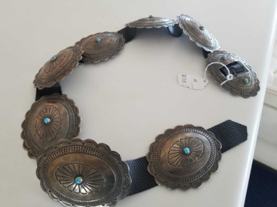 COLLECTABLE-Vintage Native American Concho Belt 9 Silver/Turquoise Conchos on Leather belt