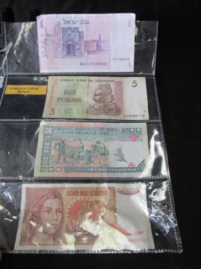 4 Foreign Paper Money Israel, Zimbabwe, Iran, Yugoslavia