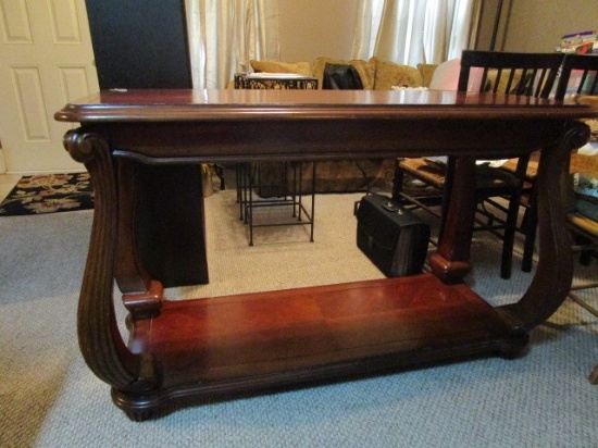 Cherry Wood 2-Tier Entry Table, Curled Scalloped Columns, Arched Pediment