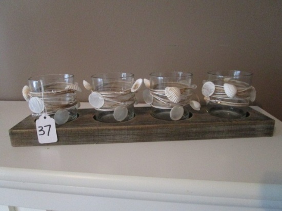 4 Glass Votive Candle Holders, Seashells Motif on Wood Base