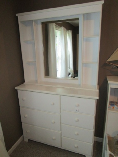 White Wooden Standing Dresser w/ Attached Mirror, Lighted, 7 Drawers, Wood Pulls
