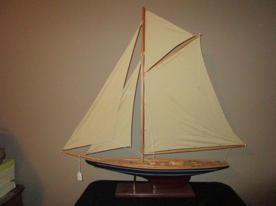 Large Wooden Model Boat on Wood Stand