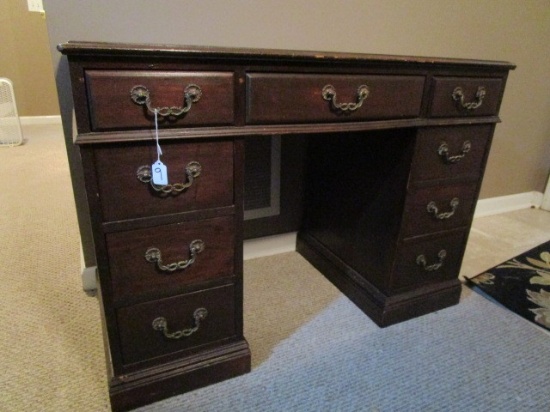 Vintage Wooden Desk 9 Drawer w/ Ornate Curled Brass Pulls, Panel Motif