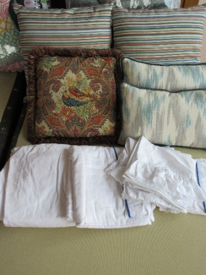 Lot - Pottery Barn & Other Accent Pillows Various Patterns Pheasant, Striped, Etc. & Sheets