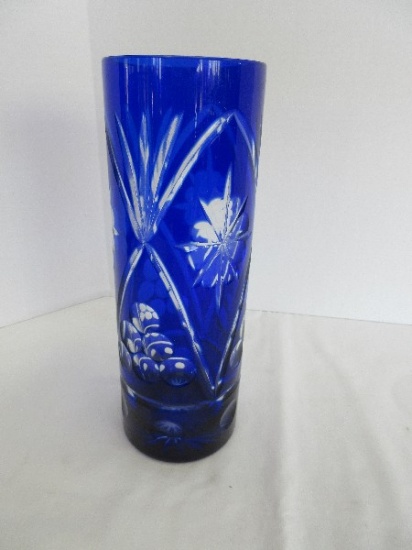 Czechoslovakia Hand Cut Cobalt to Clear Case Glass Vase Cylinder Shape Traditional Design