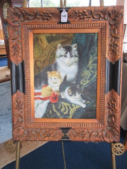 Adorable Kittens w/ Mom Posing Original Art on Canvas Artist Signed G. Hansh