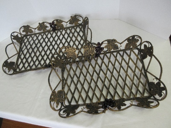 2 Metal Decorative Serving Trays Grape Leaves w/ Glass Clusters & Lattice Design Base