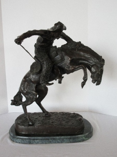 Frederic Remington Limited Edition #4 of 100 Bronze Bronco Buster Cowboy w/ Whip on Marble Base