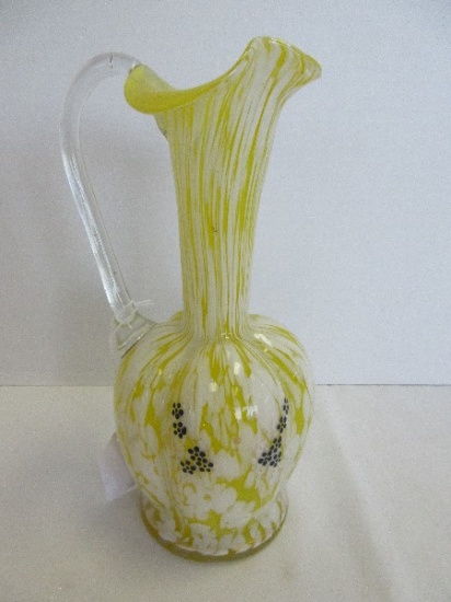 Moser Hand Blown Ewer Pitcher Yellow/White Mottled Pattern w/ Applied Clear Handle