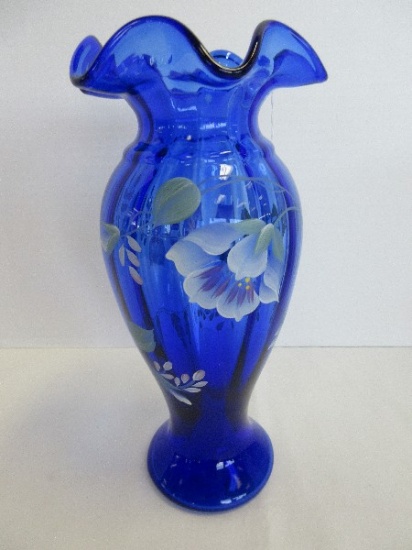 Fenton Cobalt "Signed by Family Members" Limited 600/850 Edition Hand Painted Floral Vase