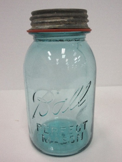 Ball Perfect Mason Blue Glass Canning Jar #9 w/ Zinc Ball Lid