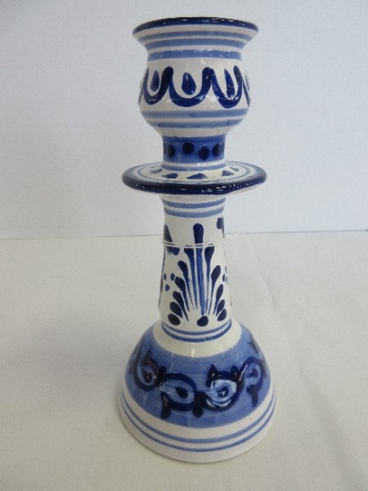 Terra Cotta Candle Stick Hand Painted Blue/White Spanish Design
