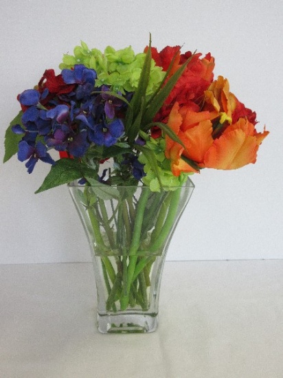 Modern Flared Rim Square Shape Vase w/ Silk Floral Arrangement