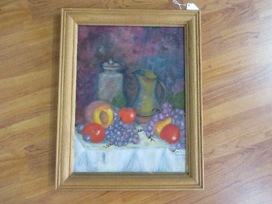 Still Life Fruit & Pitcher Original Acrylic on Artist Board Signed Velma Hornbeck
