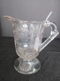 Depression Glass Footed Large Creamer Embossed Birds & Flowering Plants Design