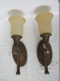 Pair - Classic Scrolled Arm Wall Sconces w/ Embossed Oval Medallion Wall Mount
