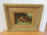 Still Life Harvest Basket Grapes & Fruit Original Oil on Canvas artist Signed Edwards