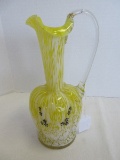 Moser Hand Blown Ewer Pitcher Yellow/White Mottled Pattern w/ Applied Clear Handle