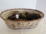 Decorative White Washed Hand Woven Basket Wire Frame w/ Pine Cones