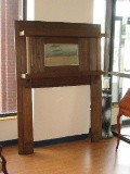 Stately Oak Fireplace Mantel w/ Center Beveled Mirror Flanked by Round Columns