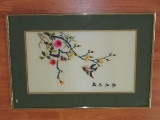 Silk w/ Embroidery Oriental Song Birds & Flowers in Brass Frame/Matt