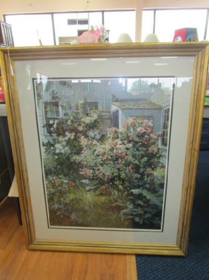 Oil on Canvas Floral/Cat Garden Scene in Wood Gilted/Ornate Frame/Matt