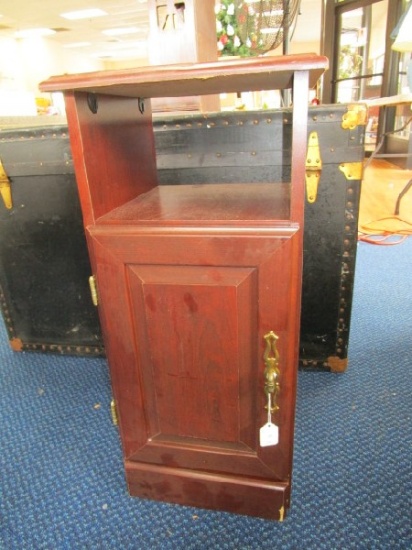 3-Tier Side Table Wooden, 1 Door/Panel Motif, Curled Brass Handle, Panel Back