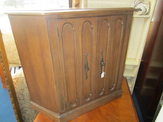 Wooden Side Table, 2 Doors w/ Carved Panel Front, Brass Pulls, 1 Inlay Shelf