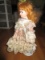 Porcelain Head/Hands/Feet, Cloth Body Doll Paisley Dress, Brown Hair w/ Stand