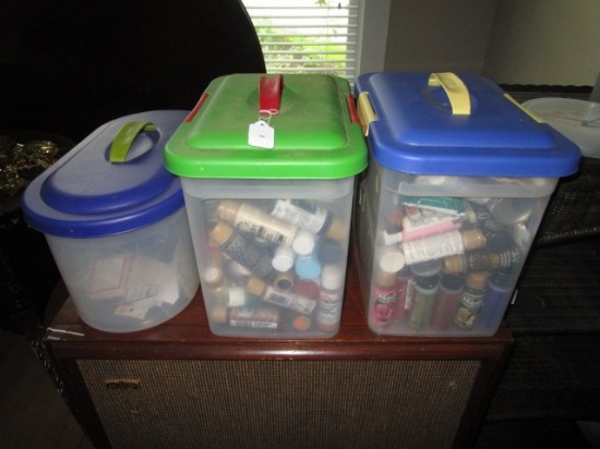 3 Sterilite Plastic Bins w/ Contents, Acrylic Paints, Various Types/Colors, Brushes, Etc.